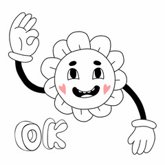 Funny character. Groovy element funky flower power with gloved hands gesture ok. Vector illustration trendy retro style. Linear hand drawn doodle. Comic element for design and decor