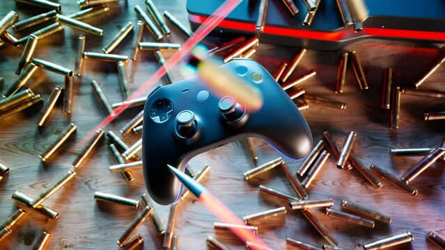 Black game controller rotating over scattered bullet casings