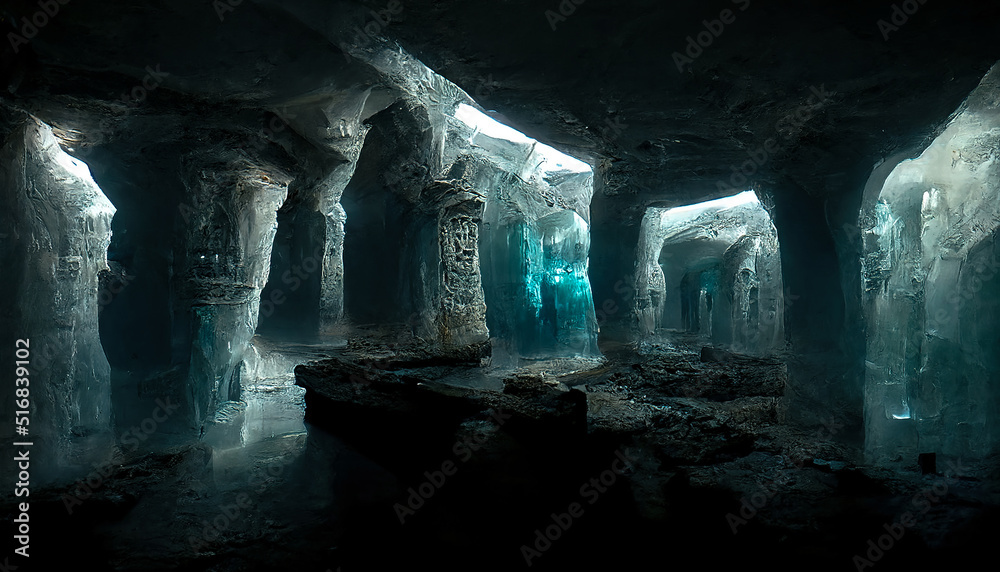 Wall mural Abstract ice underground fantasy caves. Rays of light in a dark ice cave. Cold, ice, freshness. Blue neon ice with wet. 3D illustration.