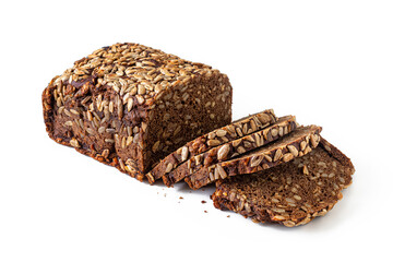 Loaf of wheat and rye flour, with sunflower seeds and sliced