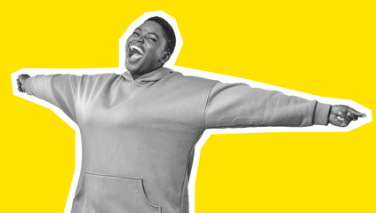 Fat african ameriacn woman sharing positive emotions on yellow, collage