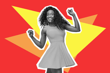 Pretty black lady dancing over colorful background, collage