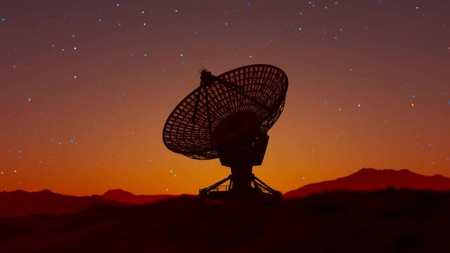 Enormous openwork satellite dish in the desert with beautiful star sky behind it