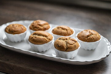 Sweet muffins freshly baked on modern white plate