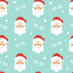 Obraz na płótnie Canvas Christmas seamless pattern with cute Santa Claus head on blue background. Christmas kids vector illustration. Winter wallpaper. 