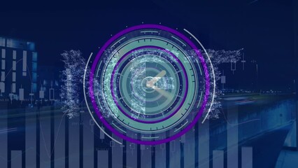 Animation of data processing with nft text and clock over cityscape - Powered by Adobe