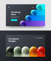 Minimalistic 3D spheres horizontal cover concept composition. Multicolored booklet vector design template bundle.