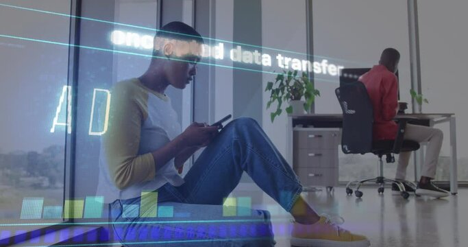 Animation of data processing over african american businesswoman using smartphone