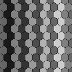 Repeated color polygons on black background. Honeycomb wallpaper. Seamless surface pattern design with regular hexagons. Mosaic motif. Digital paper for page fills, web designing, textile print.