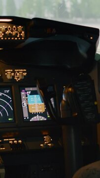 Vertical video: Empty airplane cockpit with dashboard and control panel command, electronic aircraft radar. No people in plane cabin with navigation, lever, switch and compass to takeoff. Handheld