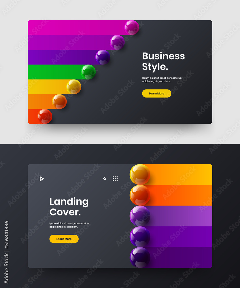 Poster bright pamphlet vector design layout set. premium realistic spheres landing page template bundle.