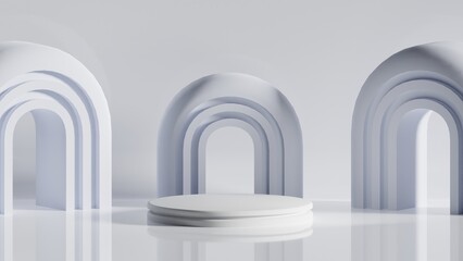 3d Rendered Podium or Pedestal with Arch in White Background for Product Display