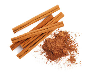 Aromatic cinnamon sticks and powder on white background, top view