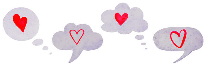 Collection of speech bubbles and dialogue balloons with hearts. Hand watercolor painting. Isolated clip art elements for design, decor, creative collages..