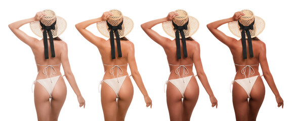 Young woman with beautiful body on white background, back view. Banner collage showing stages of suntanning