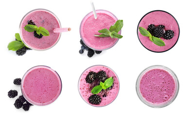 Set with delicious blackberry smoothies on white background, top view