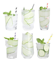 Set of glasses with refreshing cucumber water on white background, top view