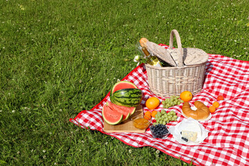 Picnic blanket with delicious food and wine outdoors on summer day, space for text