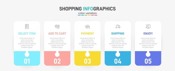 Concept of shopping process with 5 successive steps. Five colorful graphic elements. Timeline design for brochure, presentation, web site. Infographic design layout.