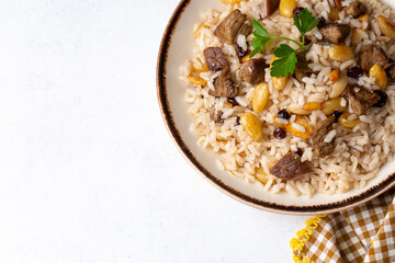Traditional delicious Turkish food; rice pilaf with pine nuts and currants (Turkish name; bademli ic pilav or pilaf)