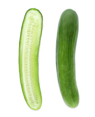 Cut fresh green cucumber isolated on white, top view