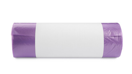 Roll of violet garbage bags on white background. Cleaning supplies