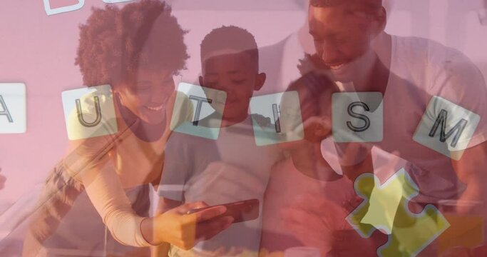 Animation of autism text over happy african american family