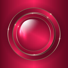 Red and gold 3D circle button. Elegant 3D circle design with golden lines. Crimson abstract geometric background. Vector illustration