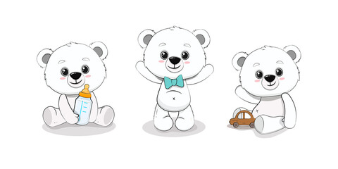 Cute cartoon polar bear cub with milk bottle and toy. Set of cartoon baby animals. Vector illustration