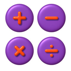 Math 3D icon. Set of orange addition, subtraction, multiplication and division signs on purple round buttons. 3d realistic design element.