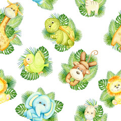 Elephant, turtle, lion, leopard, monkey, Zebra, parrot, Pelican. Tropical animals on an isolated background. Watercolor seamless pattern.