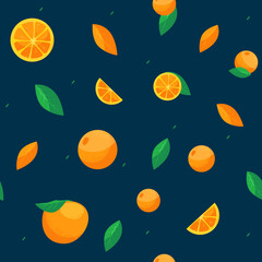 Seamless pattern with orange fruits and slices. Suitable for fabric or wrapping paper or summer background or juice box. Vector illustration in flat cartoon style.