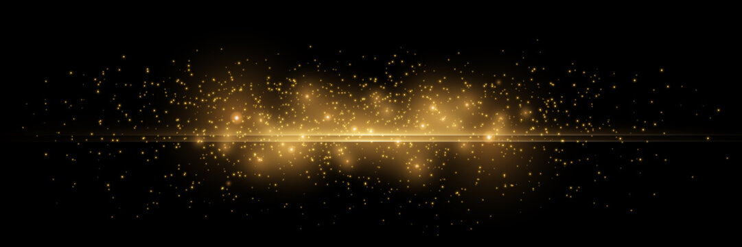 The dust sparks and golden stars shine with special light. Vector sparkles on a transparent background. . Stock royalty free vector illustration. PNG	