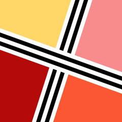 Abstract illustration with geometric shapes in pink, orange, yellow and red colors with black and white diagonal stripes decoration