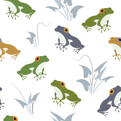 Fototapeta na wymiar Colorful frogs on a white background. Seamless vector pattern.