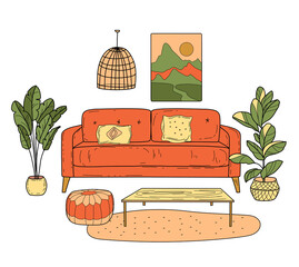 Scandinavian furniture Interior elements Boho style. Cozy home environment for the living room. Hand-drawn doodle style elements. Vector illustration