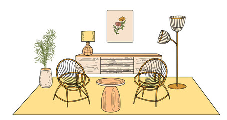 Scandinavian furniture Interior elements Boho style. Cozy home environment for the living room. Hand-drawn doodle style elements. Vector illustration