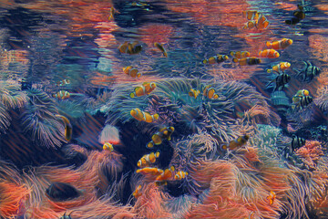 Fototapeta na wymiar Large aquarium saltwater tank with bright, vibrant colors, Clown Fish, and other corral fish. Edited to look like a colorful painting. 