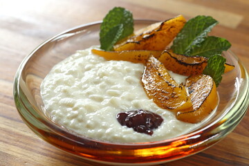 Sweet Rice, dessert with milk, rice, sugar, coconut milk and vanilla in the Thai style