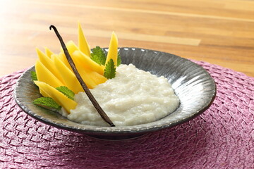 Sweet Rice, dessert with milk, rice, sugar, coconut milk and vanilla in the Thai style