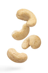 Flying delicious cashew nuts, isolated on white background