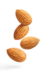 Flying delicious almonds, isolated on white background