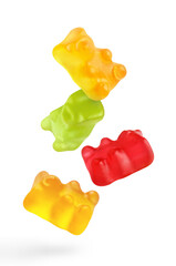 Flying delicious jelly gummy bears, isolated on white background