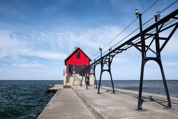 Landscape of the Grand Haven Lighthouse, pier, and catwalk, Lake Michigan, Michigan, USA