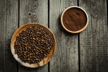 Black roasted coffee beans. Cezva cup coffee glass rustic style Turkish ground coffee