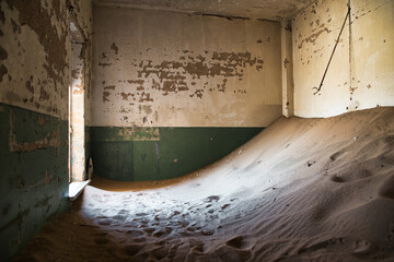 The sand of the desert has filled up an abandoned house in a ghost town in southern Namibia. The...