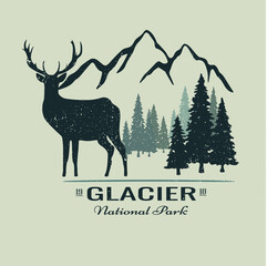 Elk silhouette in the wild. Park Glacier emblem. Against the backdrop of wild forest and mountains.Vector vintage image