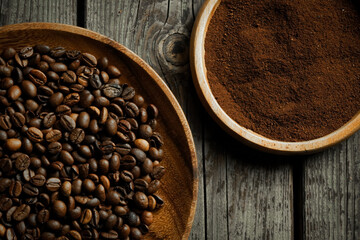 Black roasted coffee beans. Cezva cup coffee glass rustic style Turkish ground coffee