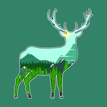 Mountain landscape inside the silhouette of an elk. Stylized vector image.