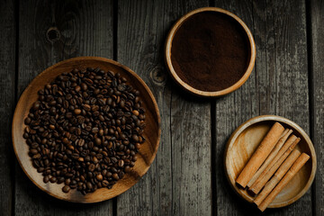 Black roasted coffee beans. Cezva cup coffee glass rustic style Turkish ground coffee